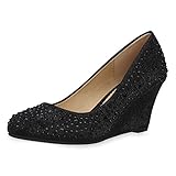  SCARPE VITA Damen Pumps Keilpumps Glitzer Keilabsatz Schuhe Strass Party Absatzschuhe Mid Heels Abendschuhe Wedges 192599 Schwarz Strass 38