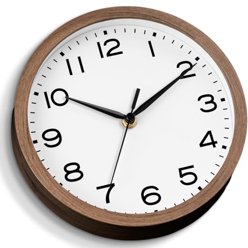 Image of AKCISOT Wall Clock, Modern Small Wall Clocks Battery Operated 8 Inch, Silent Non-Ticking Analog Classic for Office, Home, Bathroom, Kitchen, Bedroom, School(Walnut Grain)