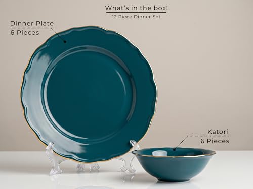 Image of Bodhi House 12-Piece Gold Rim Porcelain Dinner Set | Plates & Bowls Set | Lightweight | Dishwasher Safe | Ideal for Home Dining, Parties & Gifting Tableware Set | Teal