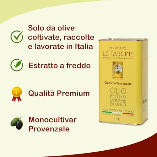 Le Fascine Classico - Olio Extravergine di Oliva 100% Italiano Estratto a Freddo Prodotto da Monocultivar Provenzale (Latta da 5 Litri) - 2