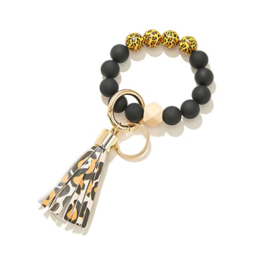 Key Chains Bracelet with Tassel, Beaded Car Key Ring Wristlet, Silicone Beaded Bangle Chains, Cute Gifts for Women and Girls (Dark Orange Leopard)