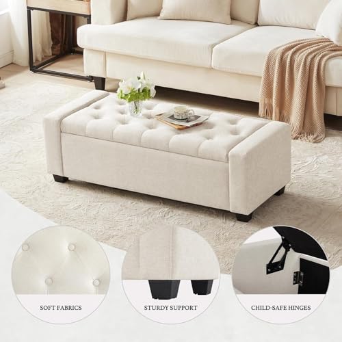 Image of Storage Ottoman Bench with Safety Hinge | Upholstered Tufted End of Bed Bench with Hidden Storage | Bedroom Living Room Entryway Seating | Modern Rectangular Footrest Seat | Fabric Bench Beige