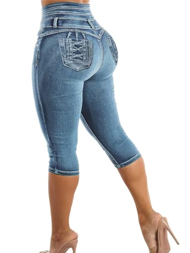 Flamingals Blue Skinny Jeans for Women Stretchy Mid Waist Butt Lifting Trendy Denim Capris2