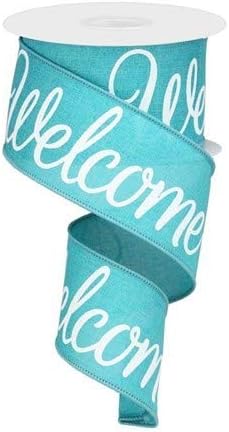 Welcome Canvas Wired Edge Ribbon, 2.5" x 10 Yards (Light Teal, White)