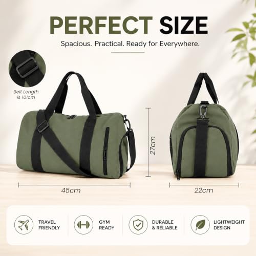 Image of Storite Travel Duffel Bag with Shoe Compartment-Olive, 44x27x21 Cm | Water Resistant Nylon, Lightweight, Front Zipper Pocket, Adjustable Shoulder Strap, Spacious Storage, Travel, Gym, Daily Use