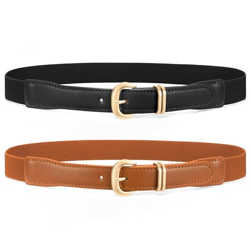 WHIPPY 2 Pack Women Skinny Elastic Belt Fashion Gold Buckle Stretchy Thin Waist Belts for Dresses
