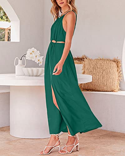 Btfbm Women 2023 Summer Sleeveless Cutout Halter Maxi Dress Backless Boho Casual Beach Party Cocktail Slit Sun Dresses(Solid Dark Green, X-Large) #TOP3