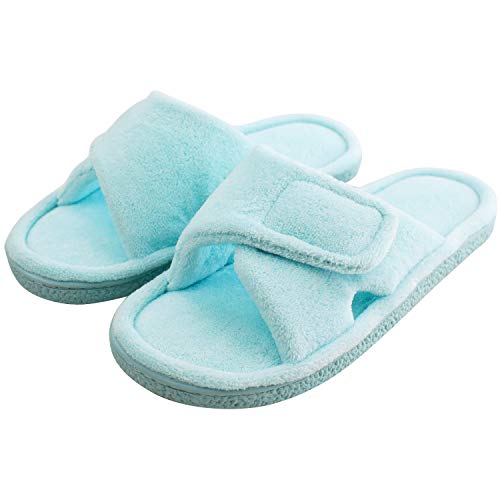 Magtoe Adjustable House Slippers For Women Open Toe Soft Coral Velvet,Comfortable Indoor Slip On Slides Sandals Memory Foam Lady Home Shoes For Bedroom Spa Living Room, All Seasons, Light Aqua 11-12 #TOP1