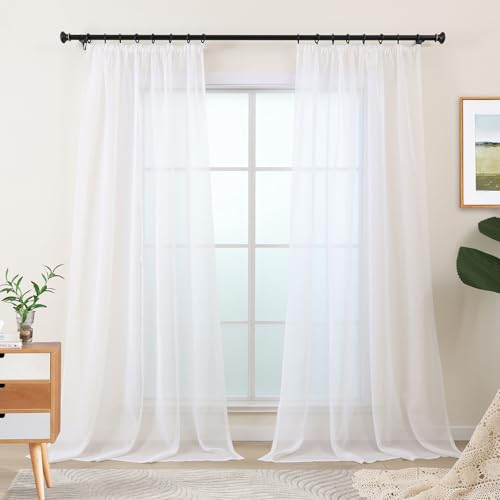 L.Z.E Sheer Curtains for Living Room, White Curtains & Drapes for Bedroom Nursery Track System Bay Windows, 88-90 Inch Drop & Long Pencil Pleat Sheer Curtains, 2er Set Light Linen Look