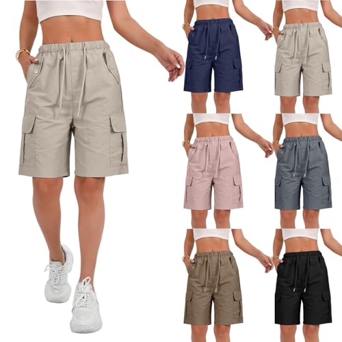 Womens Cargo Shorts Plus Size Lightweight Summer Bermuda Shorts with Pockets Knee Length Ripstop Hiking Short Cargo Bermuda Short for Women Baggy Comfy Elastic Waist Pants Tactical Pants