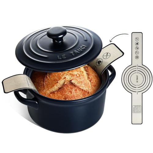 LE TAUCI 3 QT Ceramic Bread Baker with Lid for Sourdough Covered Bread Baking Pot with Natural Steam Retention Oven Safe to 500F Silicone Bread Sling Included Midnight Blue