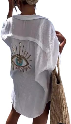 XPONNI Long Sleeve Linen Button Down Shirt Women Oversized Sequin Evil Eye Shirts Dress Beach Cover Ups Summer 2024