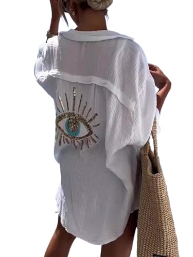XPONNI Long Sleeve Linen Button Down Shirt Women Oversized Sequin Evil Eye Shirts Dress Beach Cover Ups Summer 2024