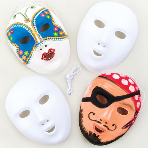 Image of Baker Ross EK3083 Mask Kits - Pack of 6, 18cm x 16cm, White Masks, Craft Activity, Fancy Dress, Party Accessories