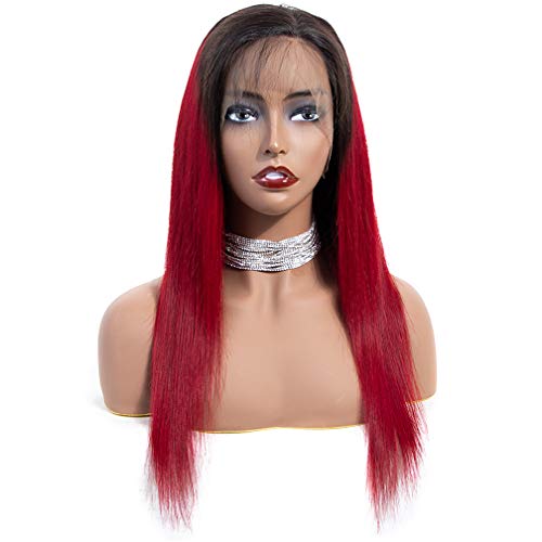 KXW Burgunder Lace Front Perücken Echthaar, Ombre Wein Rot Lange gerade Perücke Dunkle Wurzeln, Haarersatz Perücken mit Baby Haar vorgezupft, für Frauen Mädchen Party Cosplay (26 '') Cover