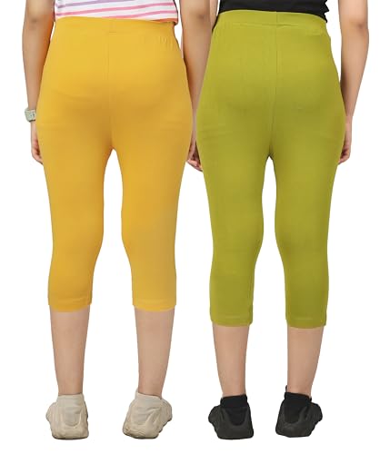 Image of KYDA KIDS Girls Cotton Printed Stretchable Capri Leggings (3 /4 th Pant) for Dance, Yoga, Running, Exercise, Pack of 2