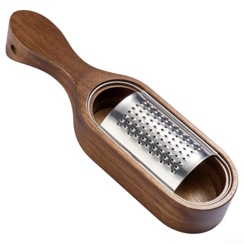 Sogoluat Rallador de queso de acero inoxidable con mango de madera de acacia natural y caja de almacenamiento, utensilio de cocina compacto, para uso doméstico, fiestas y bandeja de queso (asa)