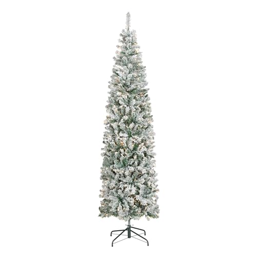 National Tree Company 7.5 ft Pre-Lit Flocked Acacia Slim Artificial Christmas Tree, 350 Clear Lights, 641 Tips, Includes Stand, Green