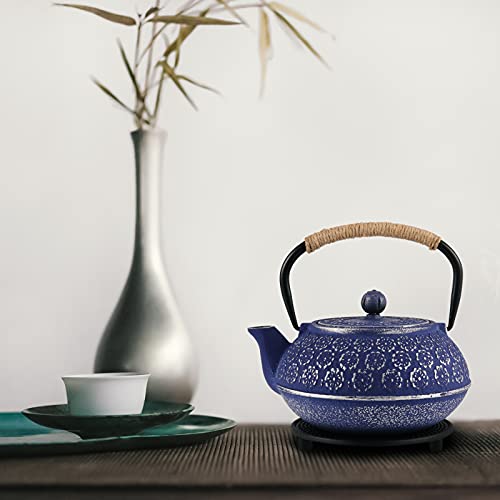 Hakzeon 34 Oz/1000 Ml Cast Iron Teapot With Stainless Steel Filter, Tea Kettle Coated With Enameled Interior, Japanese Style Tetsubin For Loose Leaf Tea, Tea Bags, Blue #TOP5