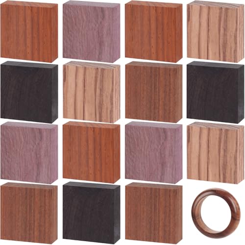 PAGOW 15Pcs Wood Blanks Ring Craft, Rings Wood Blanks with 15 Different Natural Wooden Textures, Wood Ring Materials for Wood Jewelry Ring Making DIY Wooden Resin, 3x3x1cm- 5 Colors