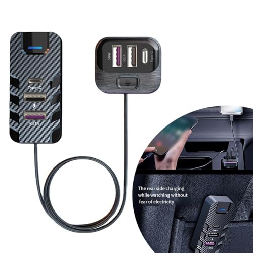Cargador de coche USB de 66 W y 6 puertos, USB-C PD para QC3.0 adaptador de carga rápida con cable de extensión de 1,5 m, cargador multidispositivo para teléfonos y tabletas