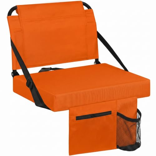 Besunbar Stadium Seats for Bleachers with Back Support Bleacher Seat Soft Cushion Light Weight Includes Shoulder Strap & Cup Holder, Front & Back Zipper Pocket, Suitable for Sports Events,Orange