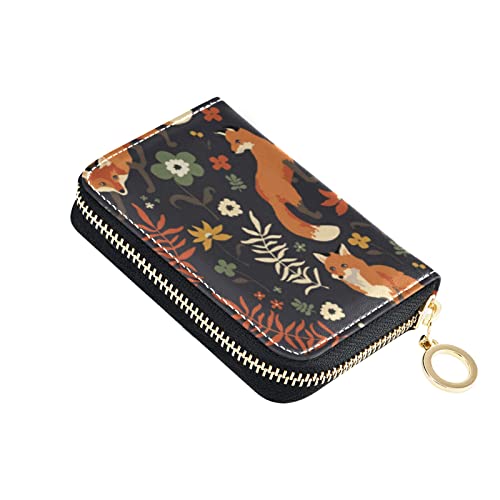 Seamless Orange Foxes Walk in Grass and Floral Flowers on Dark Grey Credit Card Coin wallet, RFID Blocking Compact Women Leather Card Holder, Key Change Organizer, Zipper Purse Clutch Pouch