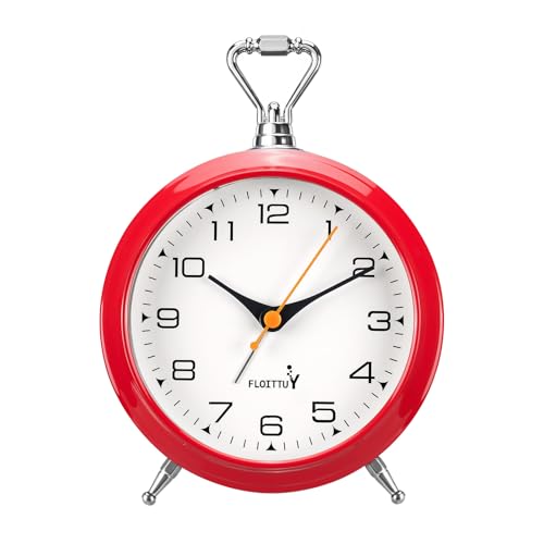 FLOITTUY 4.5" Battery Operated Antique Retro Analog Metal Alarm Clock, Silent Bedside Desk Clock, Wall-Hanging Vintage Clock(Cherry Red)