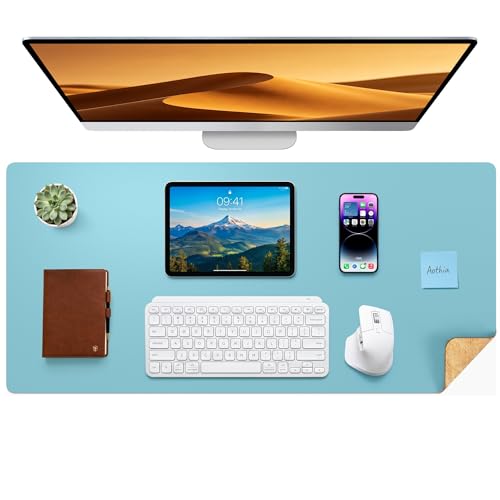 Aothia Double-Sided Desk Pad – 37.8"x17" Leather Desk Mat with Eco Cork Protector, Large Mouse Pad, Waterproof Desk Blotter for Office/Home (Blue Topaz)