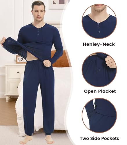 Image of NACHILA Mens Pajamas Set Long Sleeve Henley Sleepwear Top Soft Jogger Pants Pajamas Cool Pjs Set,Viscose Made from Bamboo