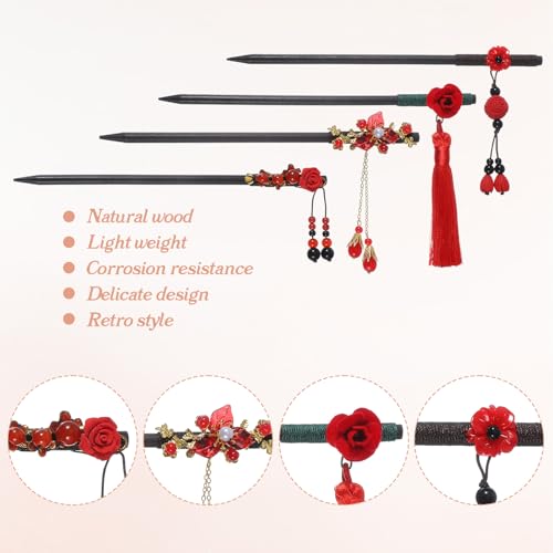 4PCS Chinese Wooden Hair Sticks for Buns, Retro Hair Chopsticks for Women Japanese Hairs Chopsticks Wooden Hairpins Handmade Flower Tassel Buns Hairs Forks Accessories Hanfu Pins
