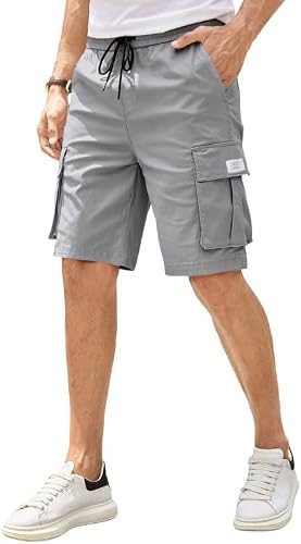 JMIERR Mens Casual Shorts - Cotton Drawstring Stretch Waist Twill Chino Short Cargo Shorts for Men with Multi Pockets,US 40(2XL),Gray