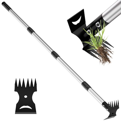 Weed Remover Tool 2-in-1 Weed Rake & Hoe Combo Heavy Duty Manual Weed Puller with 40-148cm Adjustable Long Handle Ergonomic Weeding Tools for Lawn Yard Patio Garden