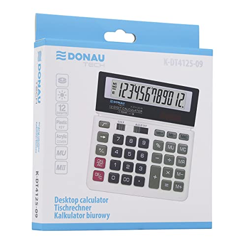 DONAU TECH Tischrechner / 12-Stellig Wurzelfunktion/ 156x152x28mm/ Farbe: Weiß/Rechner mit 12-stelliger Anzeige/Dual-Power Solar - Batteriebetrieb/Kompaktes Design