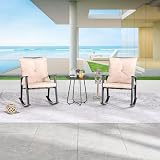LOKATSE HOME Juego de 3 sillas mecedoras de mimbre para exteriores con cojín y mesa de café, color caqui
