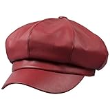 Sportmusies 8 Panels Newsboy Caps for Women, PU Leather Cabbie Painter Hat Gatsby Ivy Beret Cap, Red