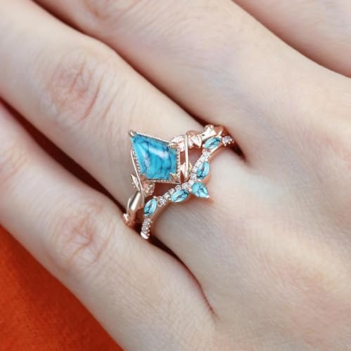 1CT Turquoise Wedding Ring Set for Women Nature Inspired Twisted Turquoise Engagement Rings S925/10K/14K/18K Gold Bridal Ring Set for Wife Her2