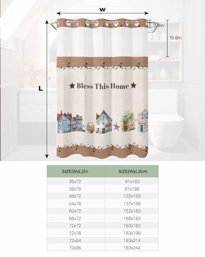 Futuregrace No Hooks Shower Curtain with Snap Liner Bless This Home House Stars Flower Basket Retro Linen Bath Curtain with See Through Top Window 66\"x72\" for Bathroom Spa - Thumbnail 6