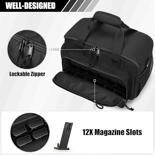 GOBUROS Taktische Schießstandtasche für 2 Handfeuerwaffen und Munition, Pistolentasche mit 12 Magazinfächern, Waffentragetasche mit abschließbaren Reißverschlüssen und gepolstertem Schultergurt
