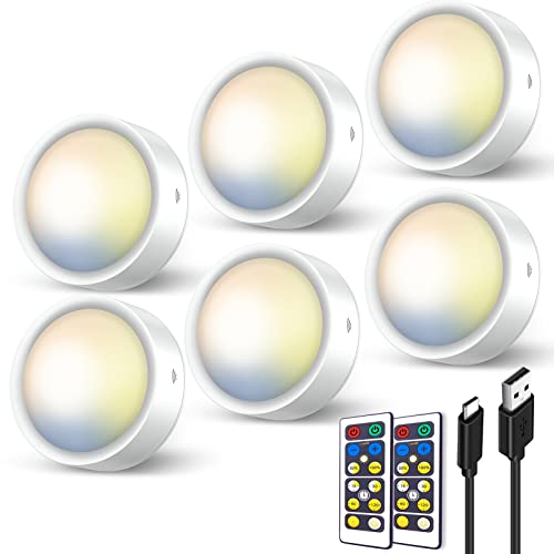 Spot LED Rechargeable USB avec Télécommande, Dimmable 3 Couleurs Eclairage LED Vitrine Sans Fil Lampe Placard Adhesive Lumiere Cuisine Sous Meuble Pile Veilleuse Autocollante pour Armoire Escalier