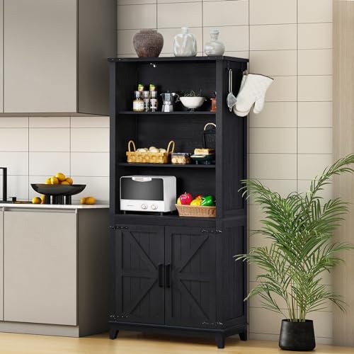 Joaxswe 70in Tall Bookshelf 5 Tier Bookcase with Barn Doors and Adjustable Shelves, Black Farmhouse Book Shelf with Storage Cabinet, Wood Freestanding Display Bookshelves for Bedroom, Living Room - Thumbnail 5