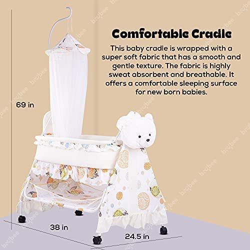 Image of BAYBEE CozyNest Baby Cradle and Swing Jhula for Newborn Babies with Removable Mosquito Net, Washable Fabric, Lockable Wheels & Safe Sleeping Bed Crib for Infants Up to 2 Years (Beige)