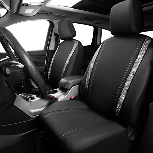 Car Pass Bling Diamond Leather Steering Wheel Cover, Universal Fit 14" 1/2-15" Bling Car Seat Covers, Shining Rhinestone Diamond Waterproof Faux Leather Two Front Only, Sliver #TOP7