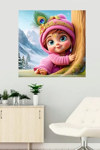 Image of Akki Wold Cute Eyes Pink Krishna Back Snow Mountain Wall Poster For Living Room, Office, Pooja Room (Size - 46CM X 46CM)