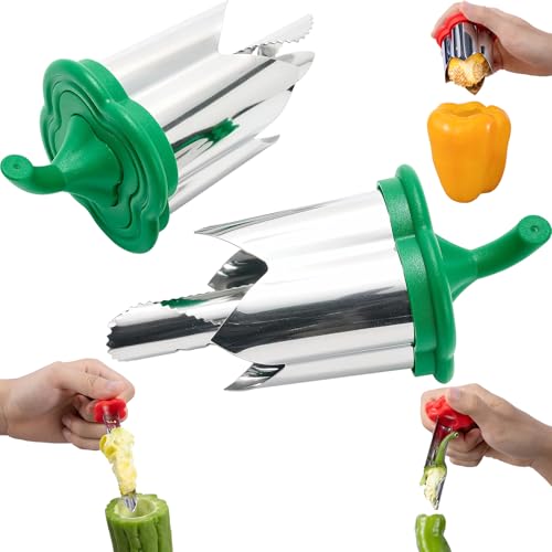A 2-in-1 stainless steel gadget that simultaneously cuts AND de-seeds bell peppers in one satisfying twist — no more fishing seeds out with your fingers.