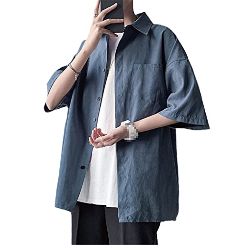 Chemise manches courtes homme oversize bleu 3XL en lin léger décontracté