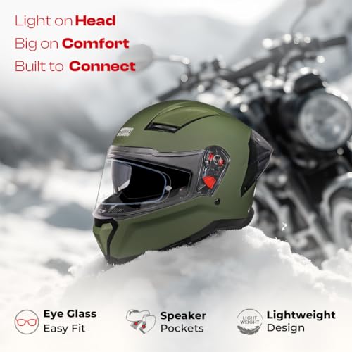 Image of STUDDS Helios ISI and DOT Certified Full Face Helmet with Antifog 100 Lens, Sporty Spoiler (Military Green - L)