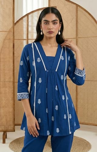 Image of Women's Pure Cotton Kurta Sets for Woman, Schiffli Embroidered Co ord Set for Women Stylish, Kurti Set for Woman, Ethnic Short Kurti and Pant Set