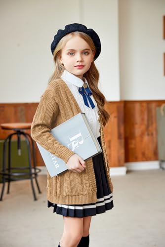Image of Arshiner Girls Open Front Cardigan Long Sleeve Casual Kids Fall Clothes Solid Thick Chunky Sweater Coat with Pockets