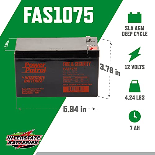 Interstate Batteries Power Patrol 12V 7Ah Fire & Security Alarm Battery (Fas1075) Sealed Lead Acid Rechargeable Sla Agm (F1 Terminal) Fire Alarms, Security Systems #TOP1